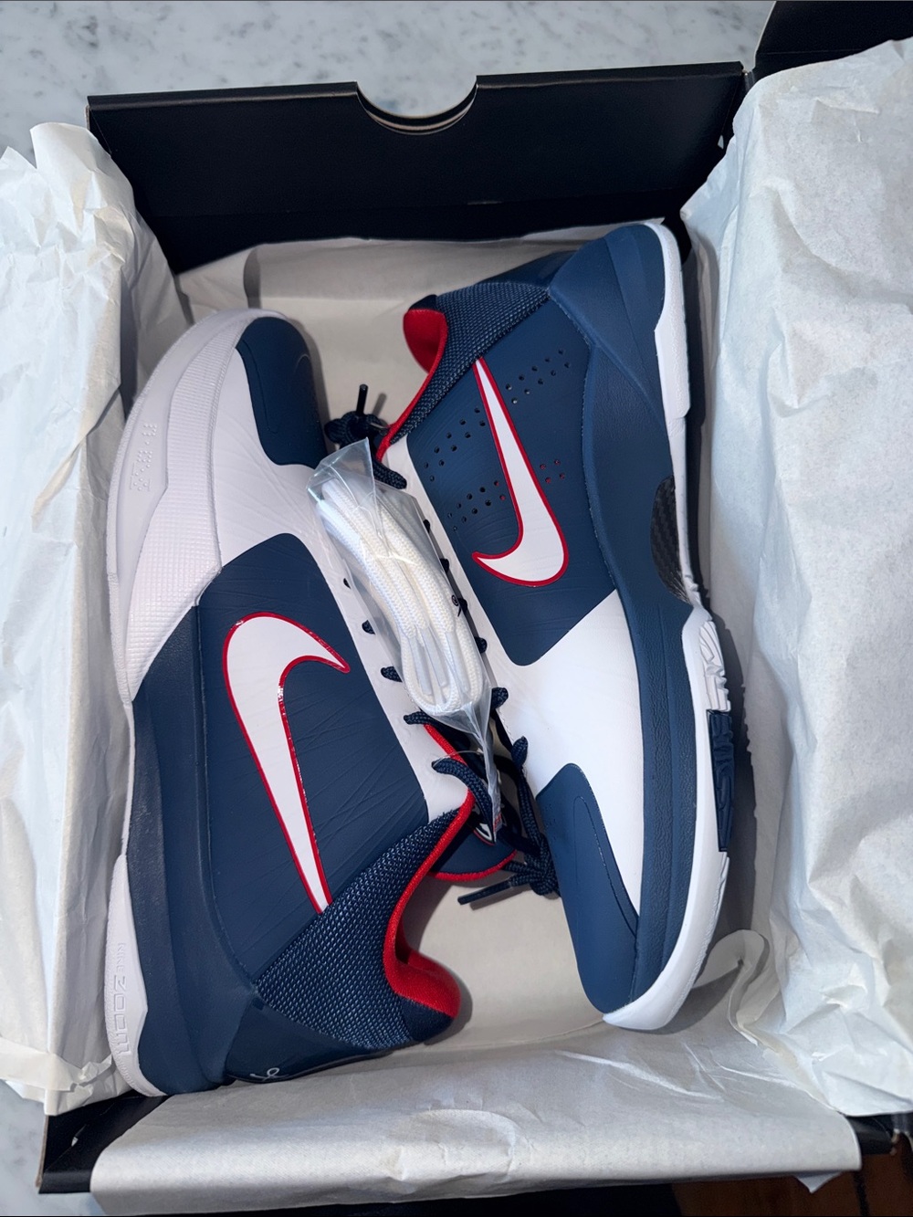Kobe Nike Navy White Red Swoosh Basketball Sneakers-